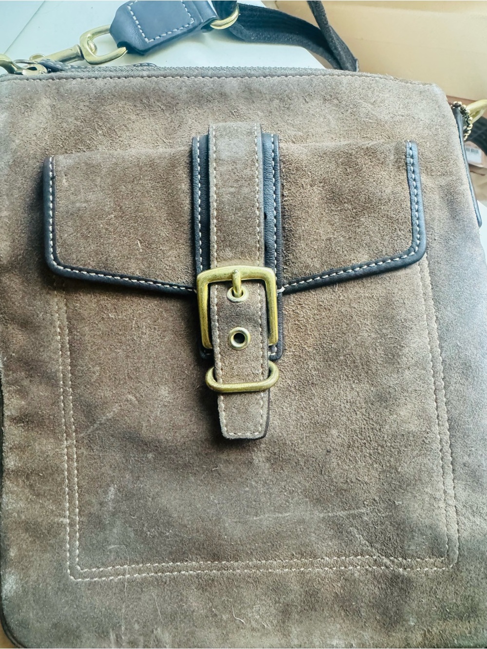 Coach Hamilton Suede Crossbody Bag with Brass Buckle